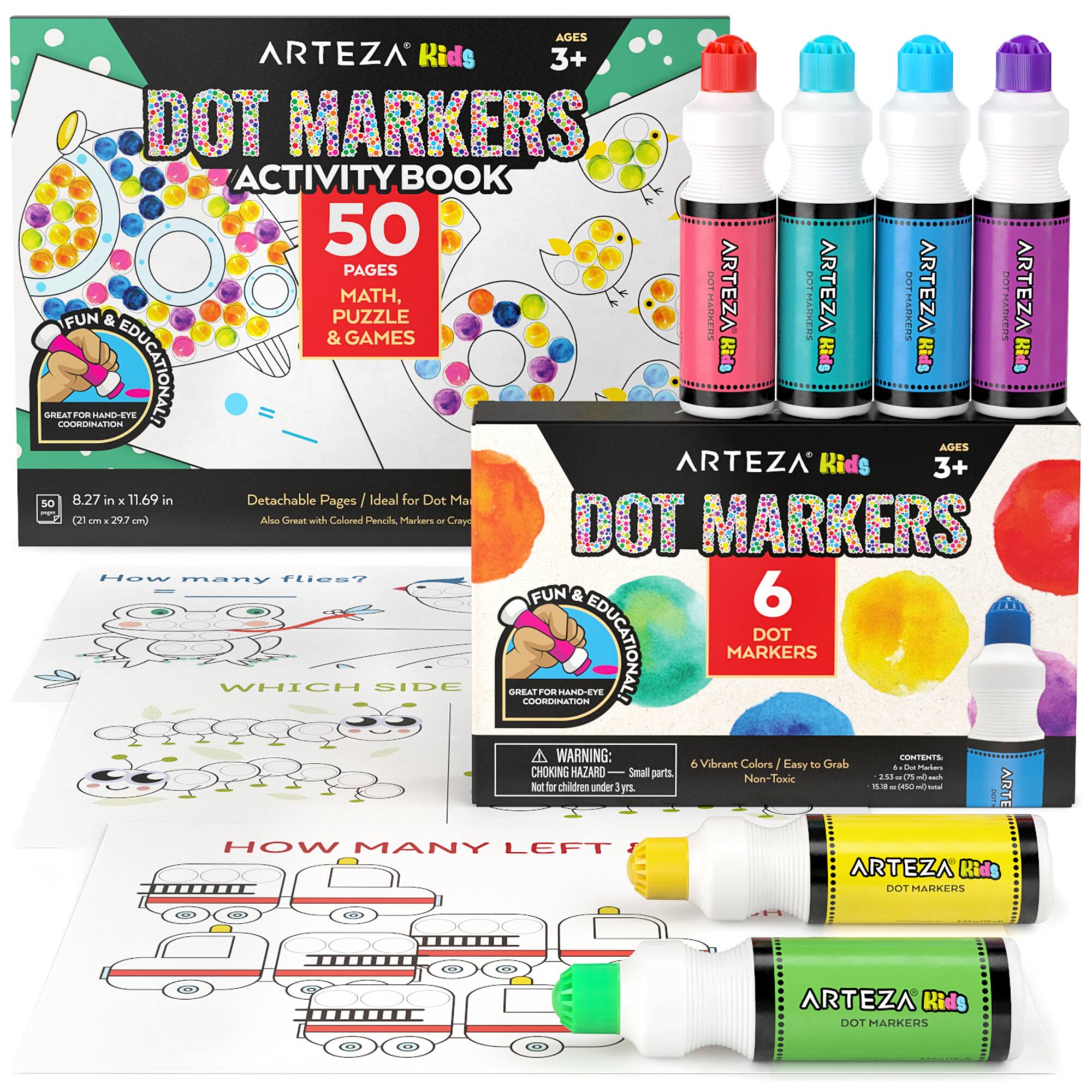 Arteza® Kids Dot Markers 75ml, Activities Dot Marker Book, 7 Pieces